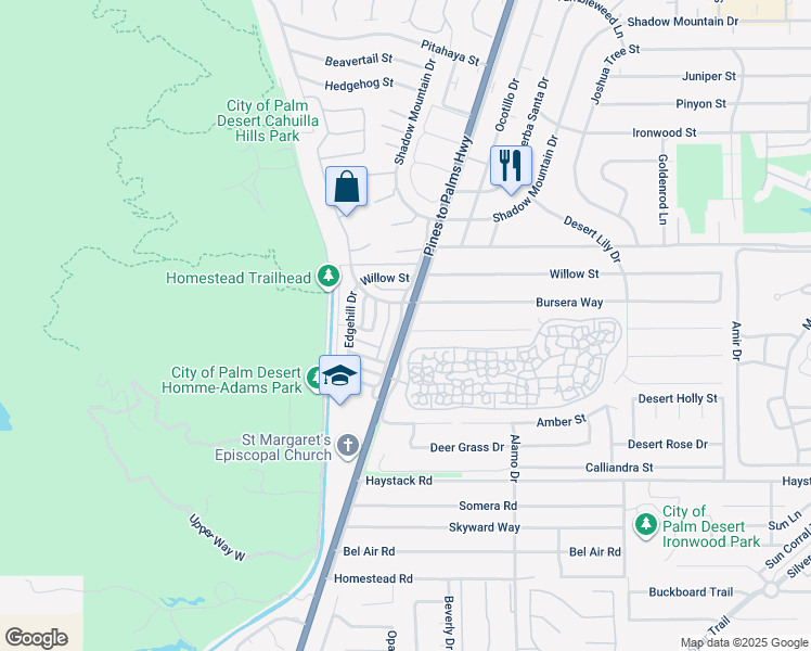 map of restaurants, bars, coffee shops, grocery stores, and more near 46-83 Frontage Road in Palm Desert