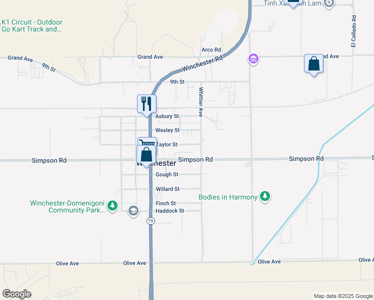 map of restaurants, bars, coffee shops, grocery stores, and more near 33159 Taylor Street in Winchester