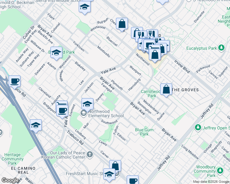 map of restaurants, bars, coffee shops, grocery stores, and more near 23 Plymouth in Irvine