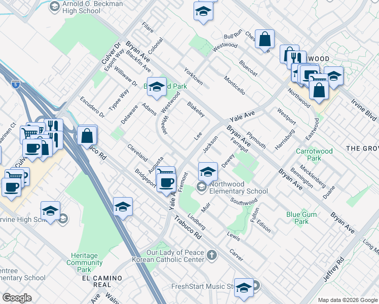 map of restaurants, bars, coffee shops, grocery stores, and more near 6 Lee in Irvine