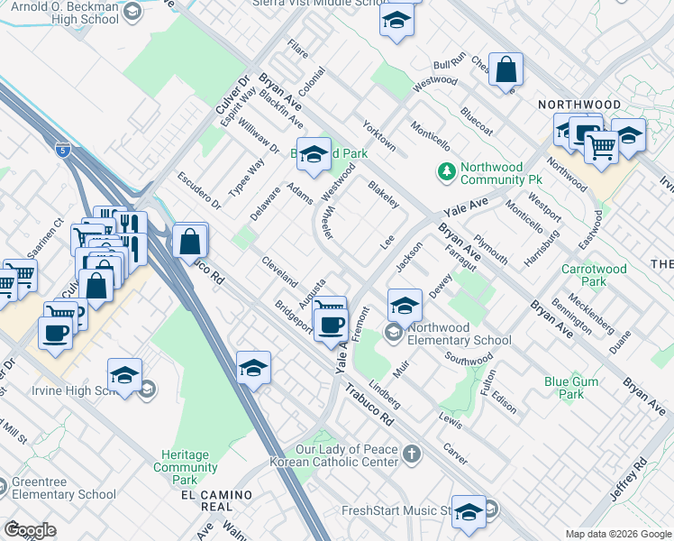 map of restaurants, bars, coffee shops, grocery stores, and more near 6 Leesburg in Irvine