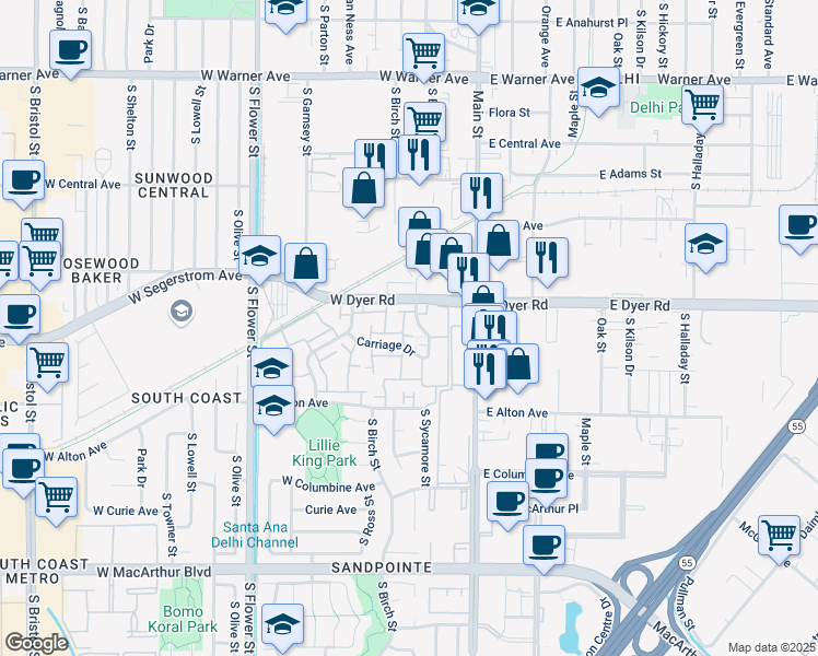 map of restaurants, bars, coffee shops, grocery stores, and more near 2931 South Sycamore Street in Santa Ana