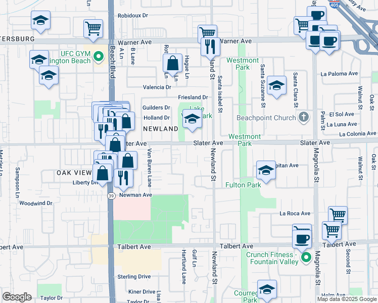 map of restaurants, bars, coffee shops, grocery stores, and more near 17522 Geraldine Lane in Huntington Beach