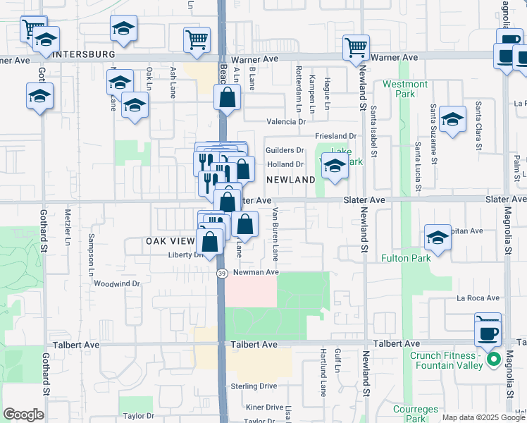 map of restaurants, bars, coffee shops, grocery stores, and more near 8122 Slater Avenue in Huntington Beach