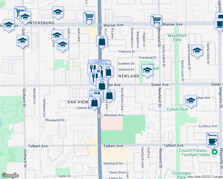 map of restaurants, bars, coffee shops, grocery stores, and more near 8122 Slater Avenue in Huntington Beach