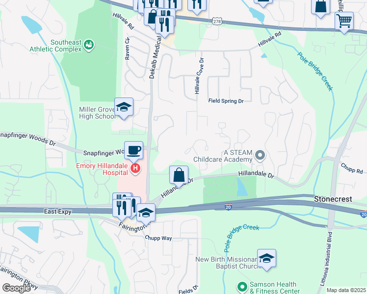 map of restaurants, bars, coffee shops, grocery stores, and more near 5918 Sutcliff Square in Lithonia