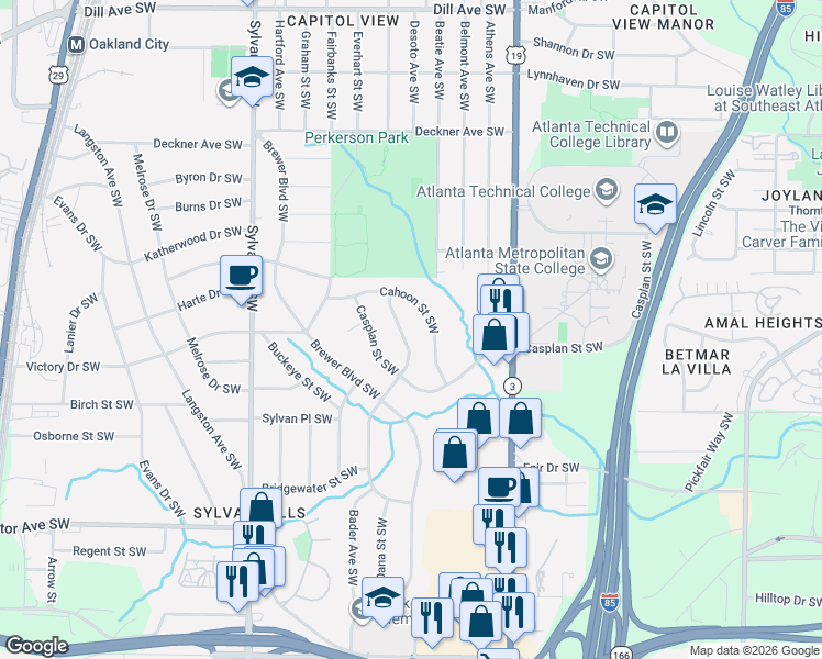 map of restaurants, bars, coffee shops, grocery stores, and more near 1713 Lisbon Drive Southwest in Atlanta