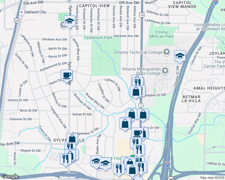map of restaurants, bars, coffee shops, grocery stores, and more near 1713 Lisbon Drive Southwest in Atlanta