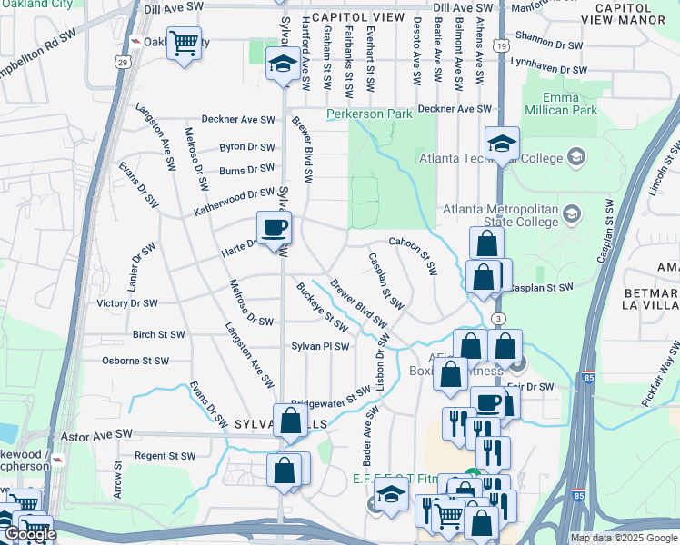 map of restaurants, bars, coffee shops, grocery stores, and more near 1740 Fairbanks Street Southwest in Atlanta