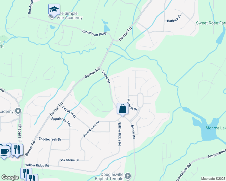 map of restaurants, bars, coffee shops, grocery stores, and more near 3621 Guinevere Trace in Douglasville