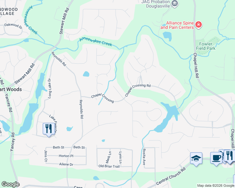 map of restaurants, bars, coffee shops, grocery stores, and more near 3617 Players Court in Douglasville