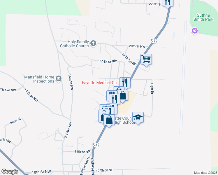 map of restaurants, bars, coffee shops, grocery stores, and more near 1629 1st Avenue Northwest in Fayette