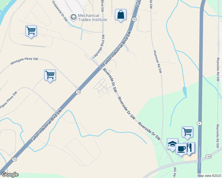map of restaurants, bars, coffee shops, grocery stores, and more near 6094 Riverside Drive Southwest in Atlanta