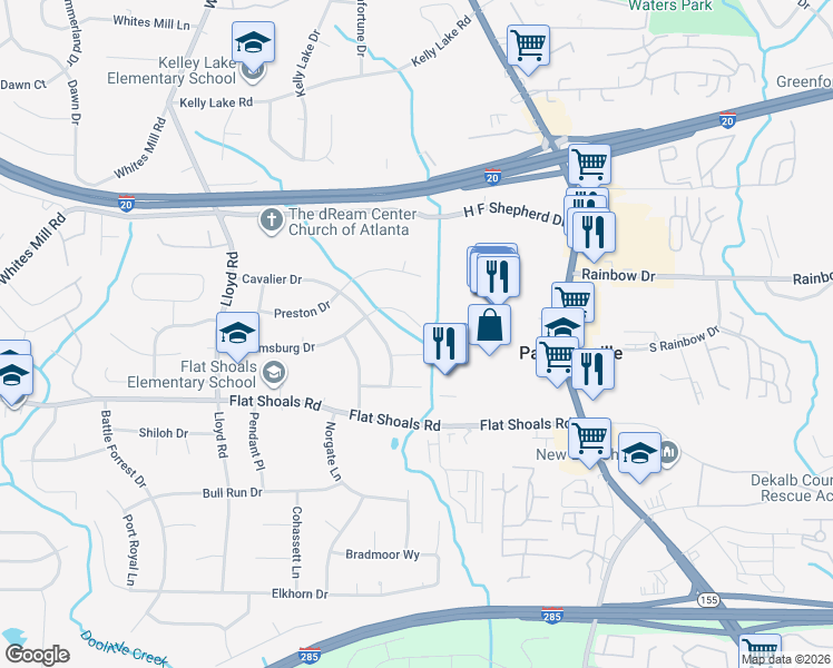 map of restaurants, bars, coffee shops, grocery stores, and more near 2761 Williamsburg Drive in Decatur