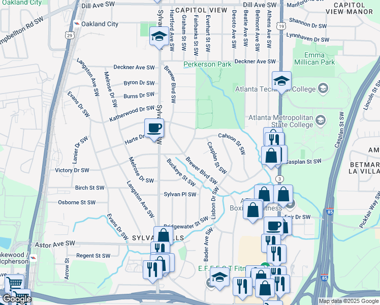 map of restaurants, bars, coffee shops, grocery stores, and more near 1740 Fairbanks Street Southwest in Atlanta