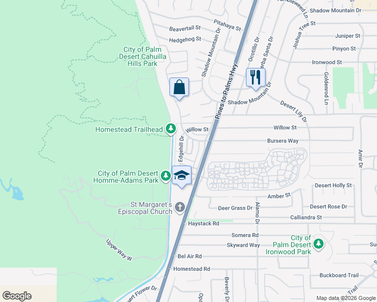 map of restaurants, bars, coffee shops, grocery stores, and more near 72664 Eagle Road in Palm Desert