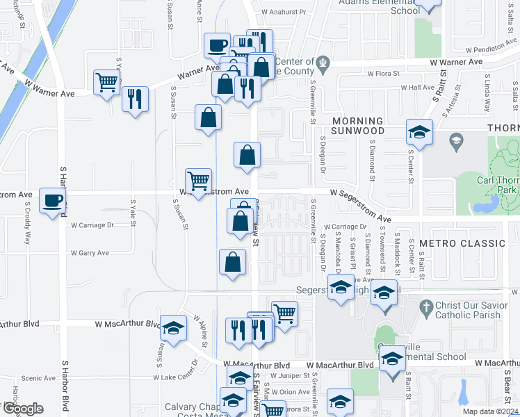 map of restaurants, bars, coffee shops, grocery stores, and more near 2901 South Fairview Street in Santa Ana