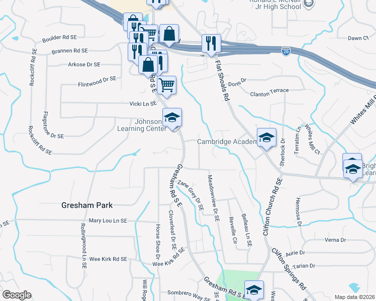 map of restaurants, bars, coffee shops, grocery stores, and more near 2738 Gresham Road South East in Atlanta