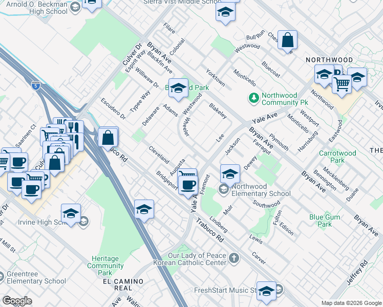 map of restaurants, bars, coffee shops, grocery stores, and more near 6 Leesburg in Irvine