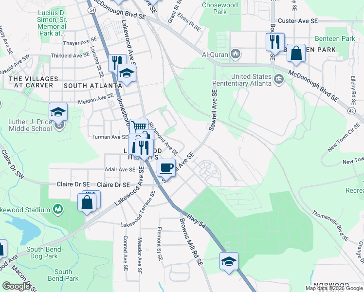 map of restaurants, bars, coffee shops, grocery stores, and more near 1117 Oak Knoll Terrace Southeast in Atlanta