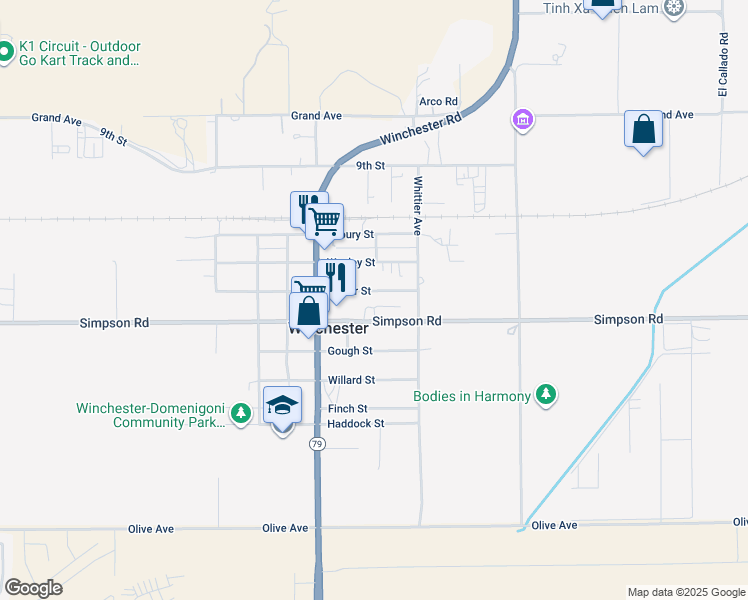 map of restaurants, bars, coffee shops, grocery stores, and more near 33159 Taylor Street in Winchester