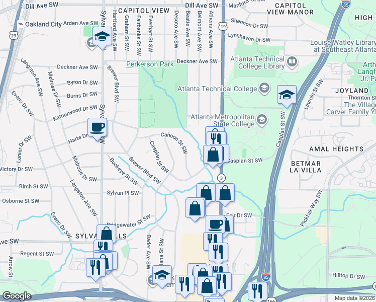 map of restaurants, bars, coffee shops, grocery stores, and more near 1764 Cahoon Street Southwest in Atlanta