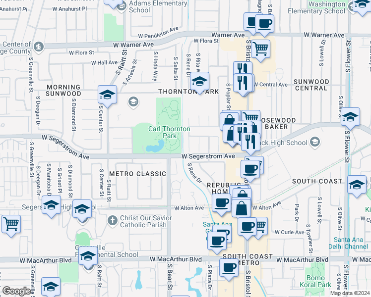 map of restaurants, bars, coffee shops, grocery stores, and more near 2918 South Rene Drive in Santa Ana