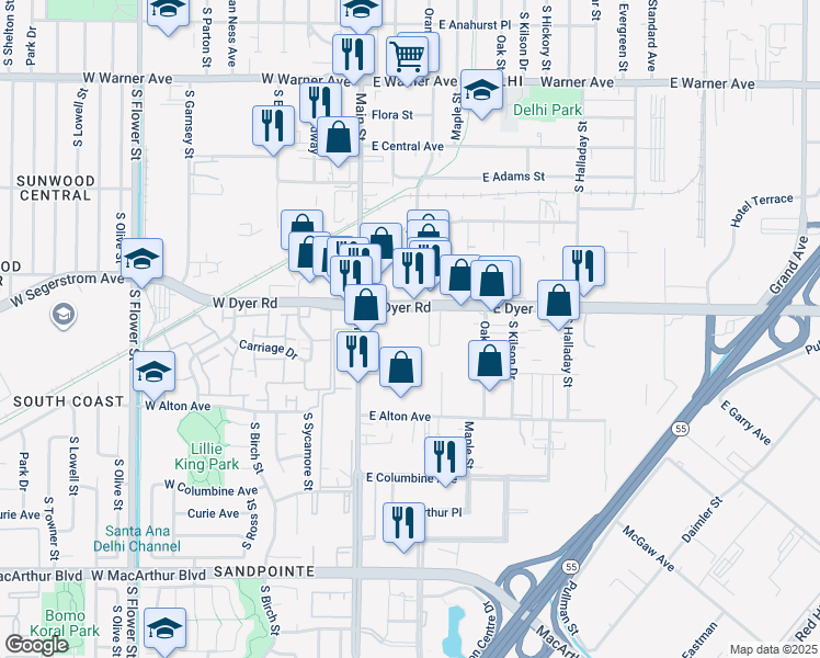 map of restaurants, bars, coffee shops, grocery stores, and more near 230 East Dyer Road in Santa Ana