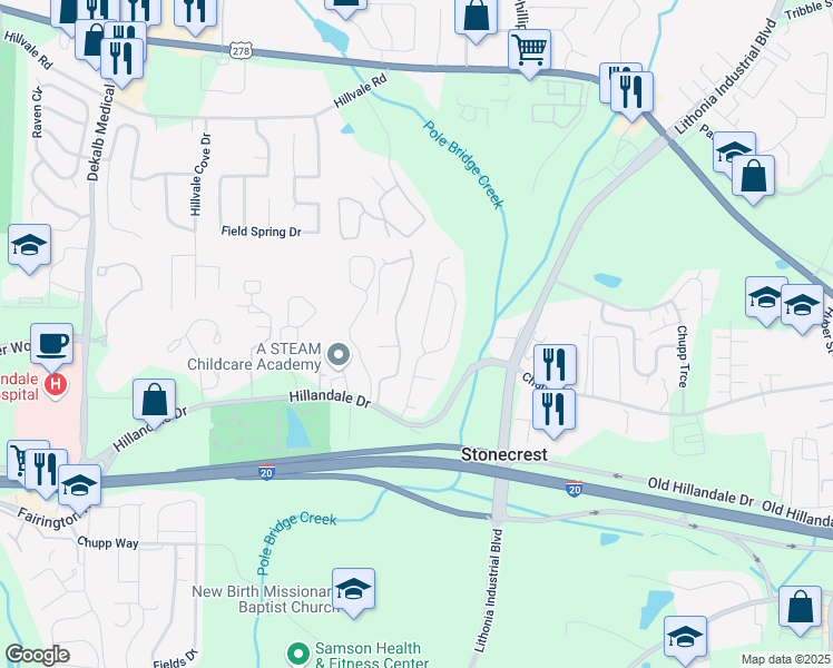 map of restaurants, bars, coffee shops, grocery stores, and more near 712 Hillandale Lane in Lithonia