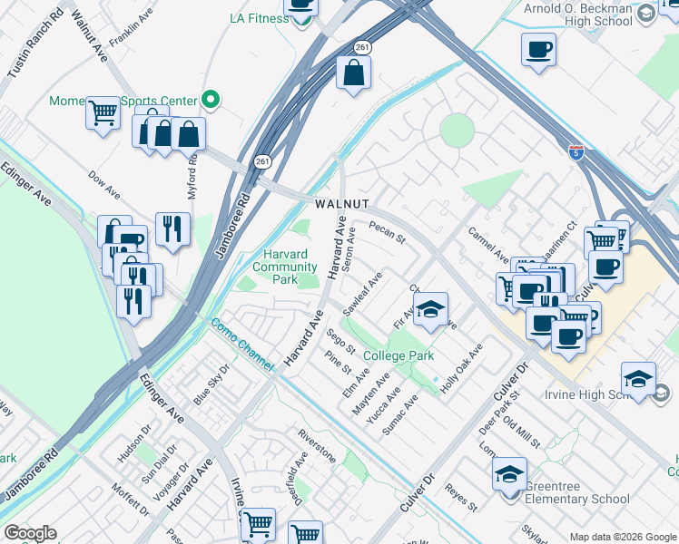 map of restaurants, bars, coffee shops, grocery stores, and more near 14651 Seron Avenue in Irvine