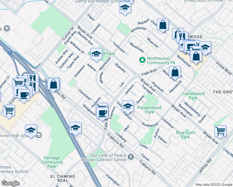 map of restaurants, bars, coffee shops, grocery stores, and more near 6 Lee in Irvine