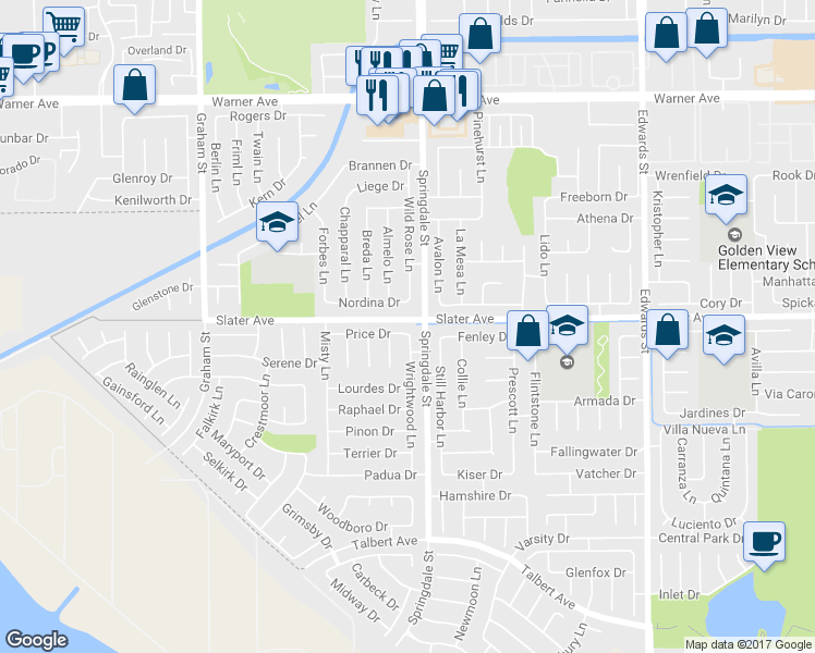 map of restaurants, bars, coffee shops, grocery stores, and more near 5941 Price Drive in Huntington Beach