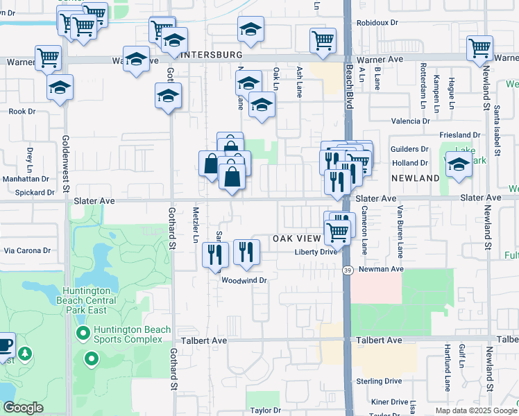 map of restaurants, bars, coffee shops, grocery stores, and more near 7662 Slater Avenue in Huntington Beach