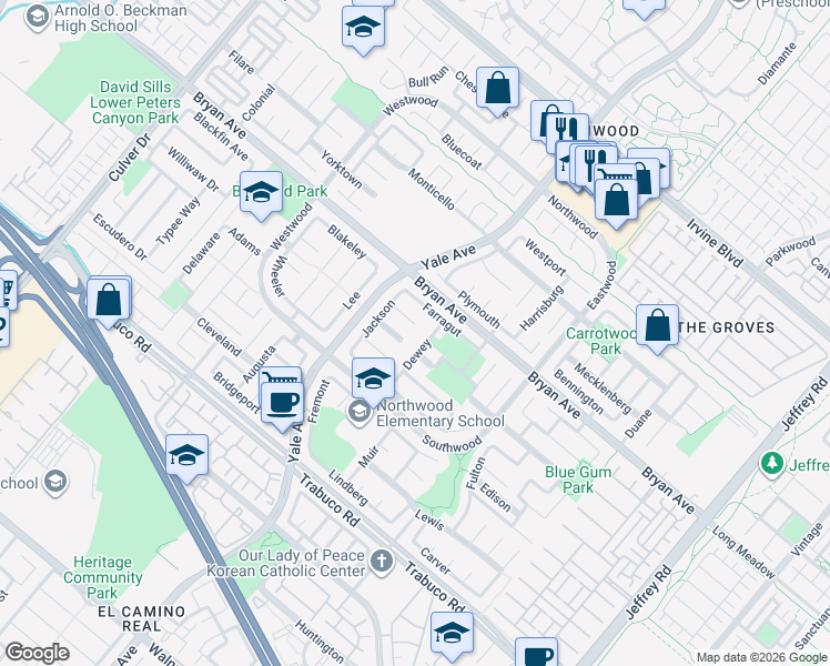 map of restaurants, bars, coffee shops, grocery stores, and more near 16 Sheridan in Irvine