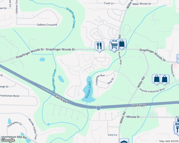 map of restaurants, bars, coffee shops, grocery stores, and more near 4927 Walden Lake Square in Decatur
