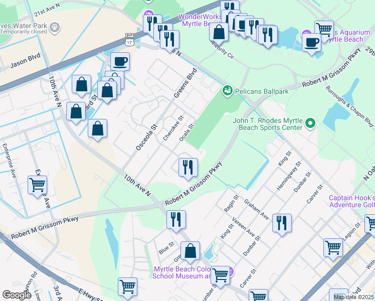 map of restaurants, bars, coffee shops, grocery stores, and more near 1269 Monticello Drive in Myrtle Beach