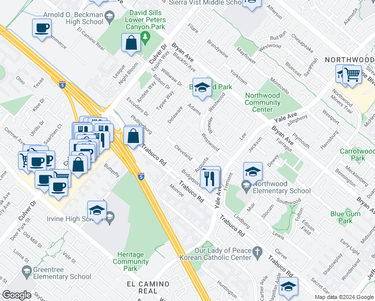 map of restaurants, bars, coffee shops, grocery stores, and more near 16 Perryville in Irvine