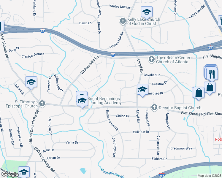 map of restaurants, bars, coffee shops, grocery stores, and more near 2440 Shoals Terrace in Decatur
