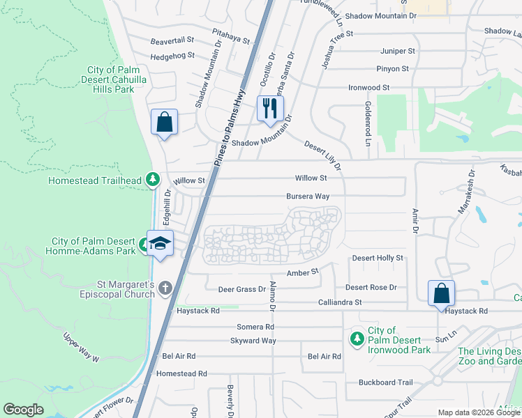 map of restaurants, bars, coffee shops, grocery stores, and more near 72928 Tamarisk Street in Palm Desert