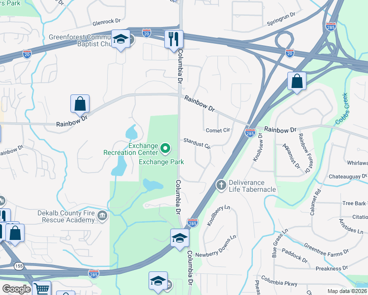 map of restaurants, bars, coffee shops, grocery stores, and more near 2696 Columbia Drive in Decatur