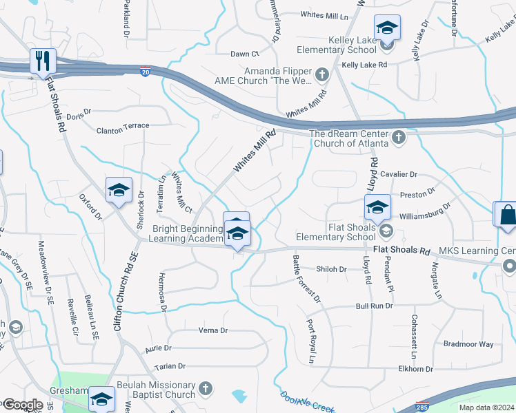 map of restaurants, bars, coffee shops, grocery stores, and more near 2401 Mills Bend in Decatur