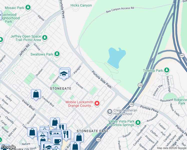 map of restaurants, bars, coffee shops, grocery stores, and more near 51 Fenway in Irvine