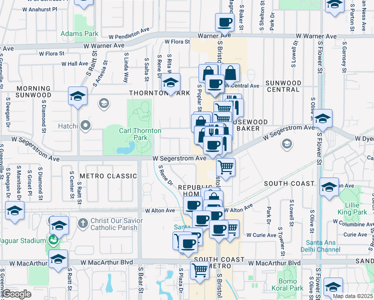map of restaurants, bars, coffee shops, grocery stores, and more near 2918 South Pacific Avenue in Santa Ana