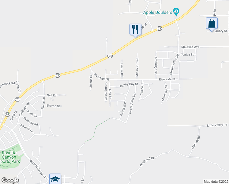 map of restaurants, bars, coffee shops, grocery stores, and more near 53008 Belle Isis Court in Lake Elsinore