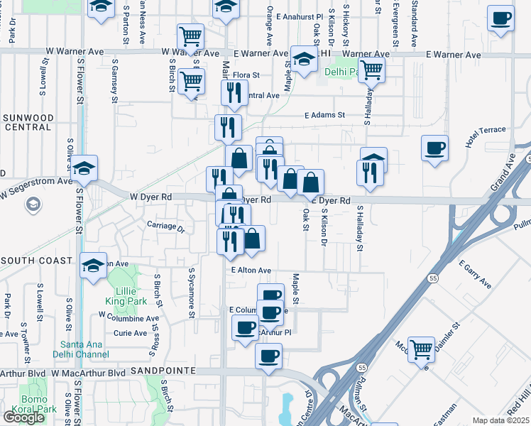 map of restaurants, bars, coffee shops, grocery stores, and more near 230 East Dyer Road in Santa Ana