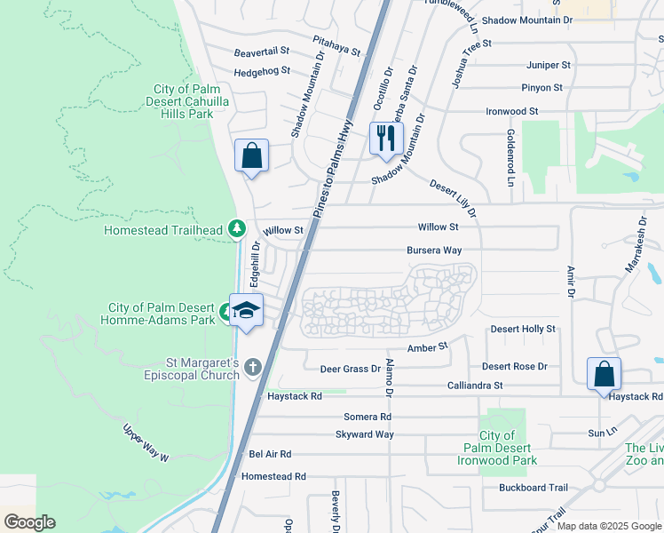 map of restaurants, bars, coffee shops, grocery stores, and more near 72796 Tamarisk Street in Palm Desert