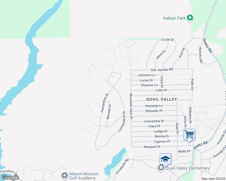 map of restaurants, bars, coffee shops, grocery stores, and more near Hampshire Drive in Menifee