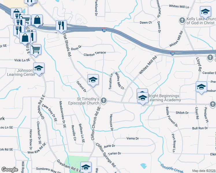 map of restaurants, bars, coffee shops, grocery stores, and more near 2707 Terratim Lane in Decatur