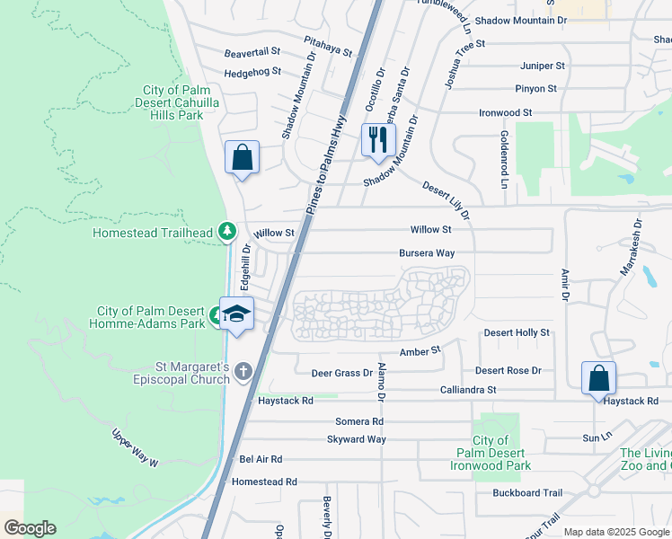 map of restaurants, bars, coffee shops, grocery stores, and more near 72836 Tamarisk Street in Palm Desert
