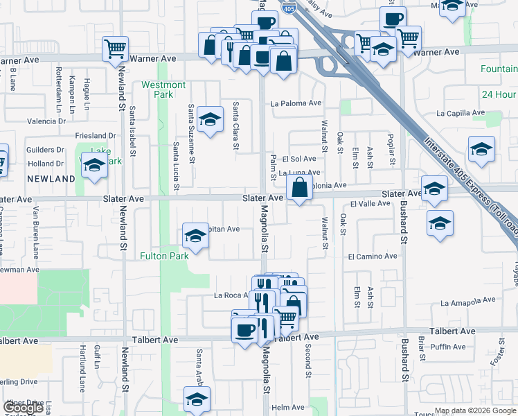 map of restaurants, bars, coffee shops, grocery stores, and more near 17536 Santa Elena Circle in Fountain Valley